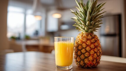 A fresh pineapple with a glass of pineapple juice beside it, vibrant yellow tones, photographed with a high-end camera, bright kitchen with blurred background