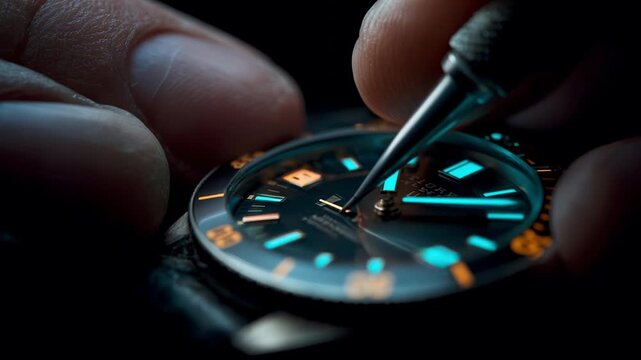 In a cozy workshop illuminated by soft lighting, skilled hands delicately adjust the intricate mechanics of a sophisticated watch, showcasing precision and expertise as the clock ticks into the night. - Powered by Adobe
