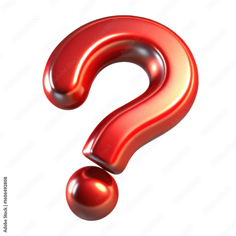 Poster glossy red metallic question mark symbol with realistic lighting and reflections isolated on transpa
