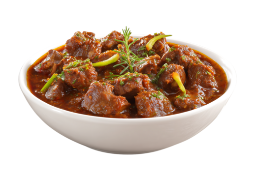 Spicy beef curry. Goan style beef vindaloo. Traditional Indian Lamb or beef curry isolated on a transparent background