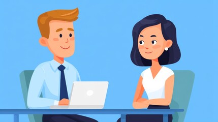 Two Colleagues Collaborating at an Office Desk with a Laptop and a Bright Blue Background