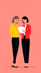 Two Professional Women Engaged in Discussion Over Document Against a Pink Background