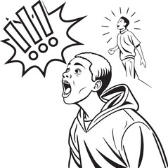 Young man shouting with speech bubble in comic style illustration – expressive talking or yelling cartoon concept