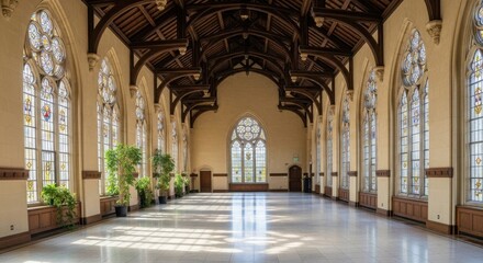 Fototapeta premium Sunlight streams through gothic arched windows in a grand, empty hall