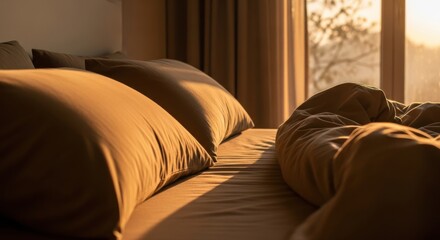 Warm morning sunlight streams across a cozy bed with rumpled duvet and pillows