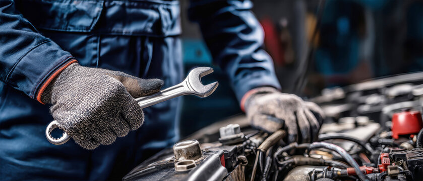 Close-up of skilled auto mechanic working on car engine with tools in bustling garage setting