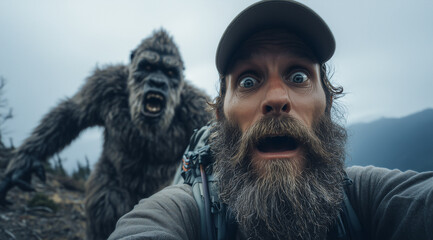 Scared hiker selfie with bigfoot in background