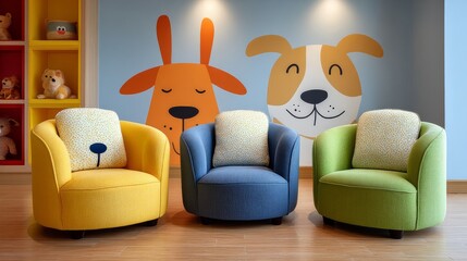 Vibrant Dog-Themed Playroom Featuring Colorful Chairs and Cheerful Murals of Dogs