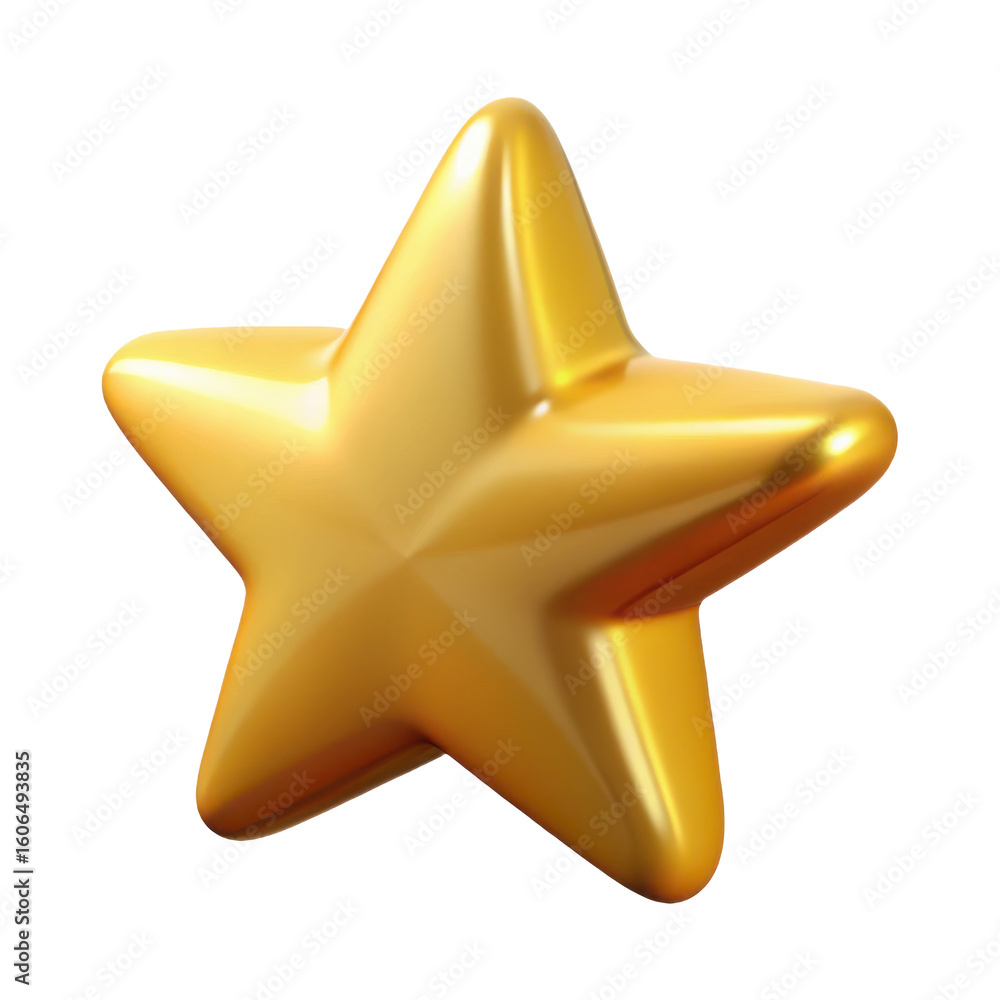 Poster shiny golden five pointed star shape with a metallic sheen and smooth rounded edges isolated on tran