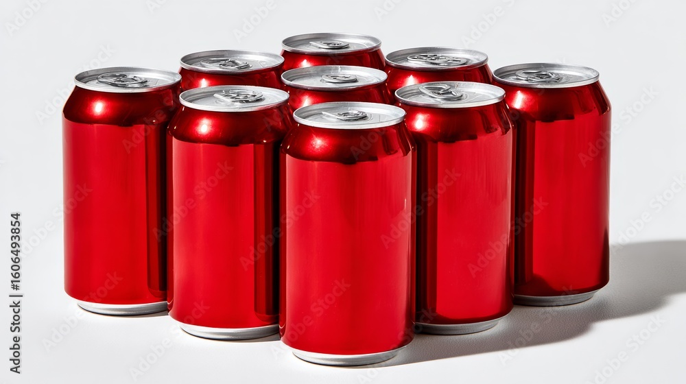 Poster row of red cans of soda. the cans are lined up in a row and are all the same size