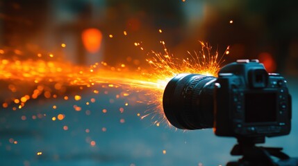 Sparks fly as a camera lens captures intense action.