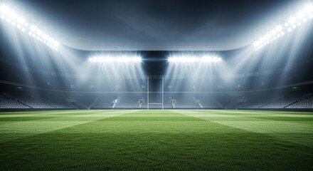 A brightly lit stadium with green grass and goalposts under a dramatic night sky