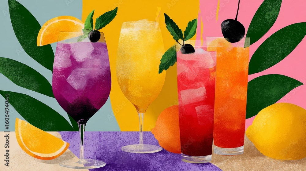 Poster colorful drink display with a purple drink in the middle. the drink display is on a table with a gre