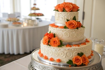 Elegant three tier white wedding cake adorned with vibrant orange roses and intricate lace detailing