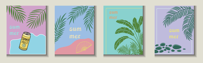 Colorful summer posters with palm leaves, drink can, beach elements, and tropical vibes. Editable seasonal vector design for print and digital use. Perfect for summer marketing visuals.
