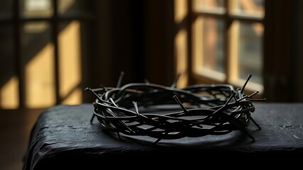 A symbolic crown of thorns resting on a dark surface, representing Christian sacrifice and devotion.