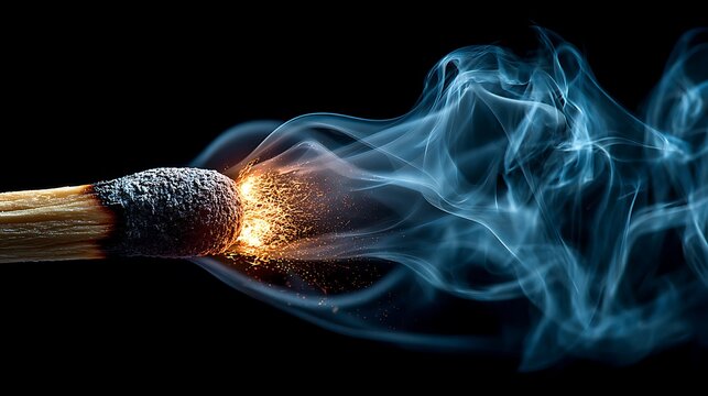 Minimal close-up of burning matchstick with delicate smoke trail in deep black space, symbolizing tension, burnout, and fragile emotional moments