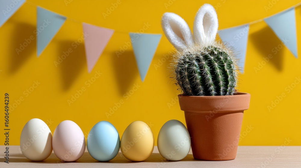 Poster yellow background with a cactus and a bunch of eggs. the cactus is white and has a rabbit's head on 