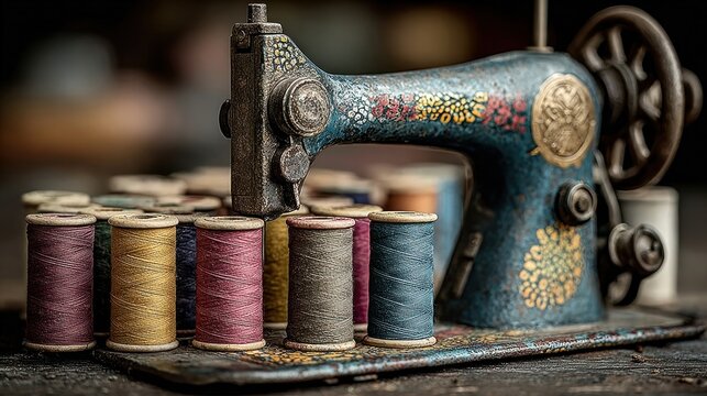 Vintage sewing machine surrounded by colorful African textile patterns, spools of thread in rainbow hues, celebrating craftsmanship and creativity