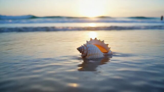 Spiky Conch Shell on a Wet Sandy Beach with Receding Waves at Sunset