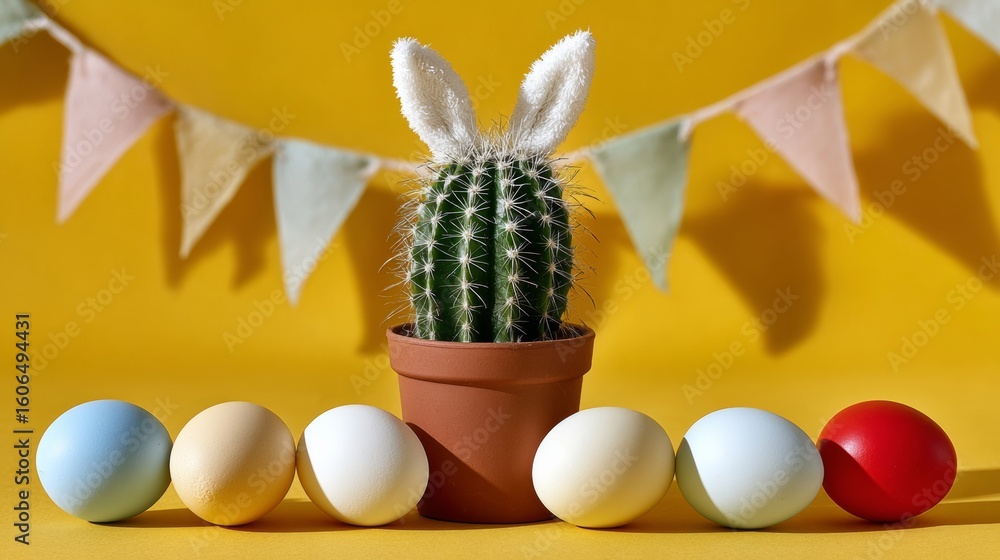 Aufkleber cactus with a rabbit's head and a bunch of eggs in front of it. the eggs are in different colors and