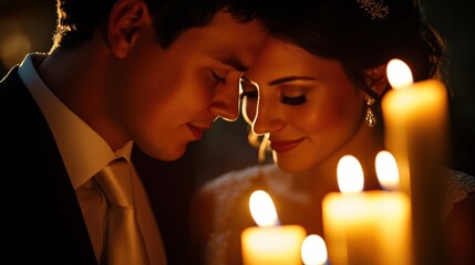 Romantic couple, faces close together, lit by candlelight.