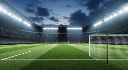 Fototapeta premium A brightly lit football stadium at dusk, with a clear view of the goal and manicured pitch