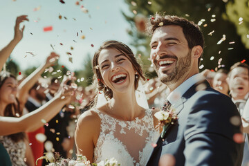 Joyful couple celebrates love at a picturesque wedding party with confetti in the air and smiles all around
