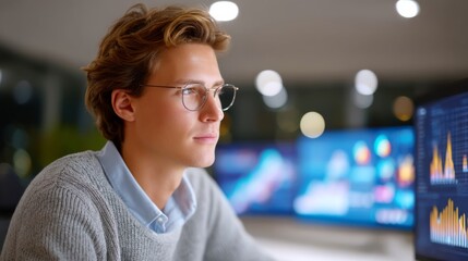 Young Male Data Analyst Focused on Analyzing Data Visualizations in Modern Office at Night
