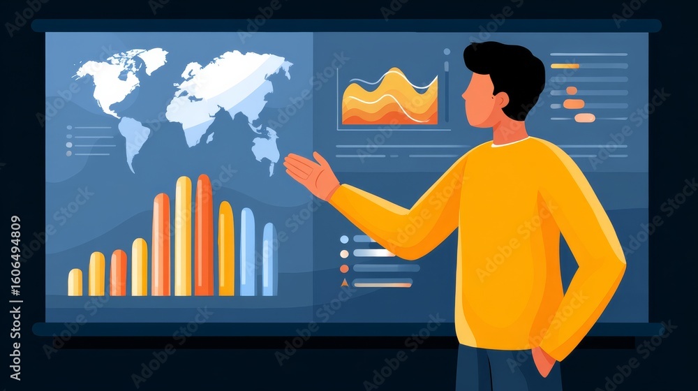 Poster young man presenting data visualizations and world maps in a modern office environment