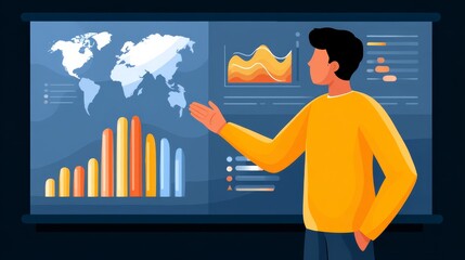 Young Man Presenting Data Visualizations and World Maps in a Modern Office Environment