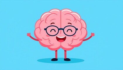 Happy Brain with Glasses on Blue Background.