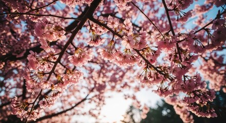 Fototapeta premium Cherry blossoms in full bloom, low angle view