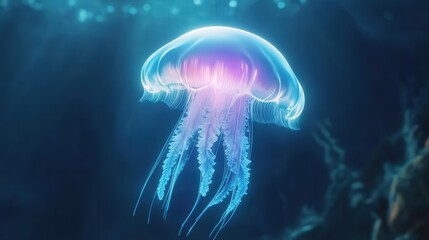 Glowing jellyfish in a dark underwater scene.