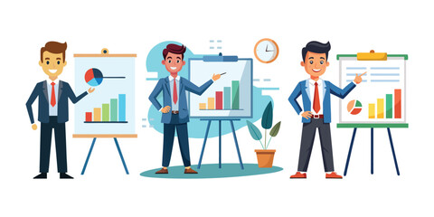 Professional Businessman Presenting Sales Chart on Whiteboard – Corporate Meeting Presentation Vector Illustration – Ideal for Business Strategy, Finance, Data Analytics, and Office Reports