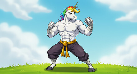 A powerful muscle unicorn with a rainbow mane, flexing in a martial arts fighting stance. This fantasy fighter illustration shows a mythical creature ready for combat on a sunny day.