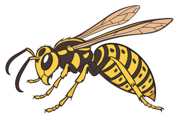 Detailed Cartoon Illustration of a Wasp with Yellow and Brown Stripes and Translucent Wings