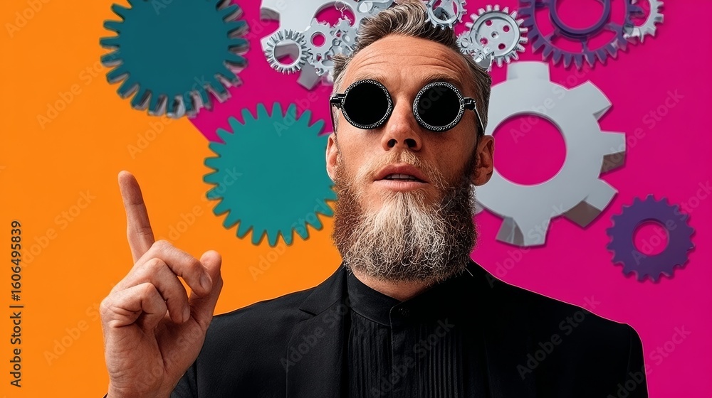 Poster man with a beard and sunglasses is pointing at a gear. the image is a collage of gears and the man's