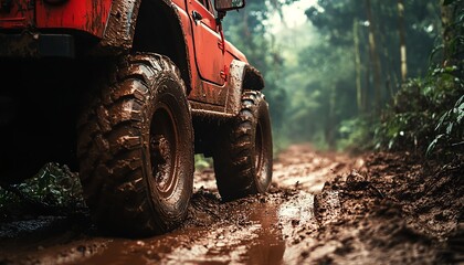 Off-road vehicle navigating muddy terrain.