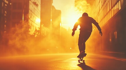 Skater gliding through fog at sunset.