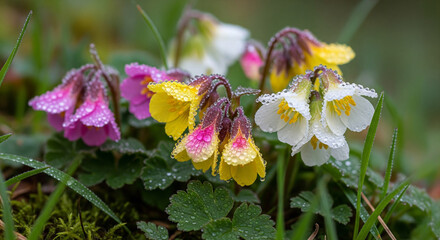 Fleurs de primevère perlées de rosée