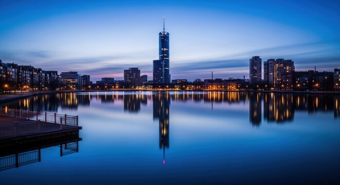 City skyline reflecting in tranquil lake at dawn