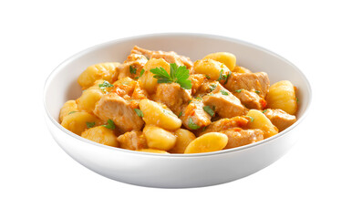 Gnocchi with chicken in sauce isolated on a transparent background