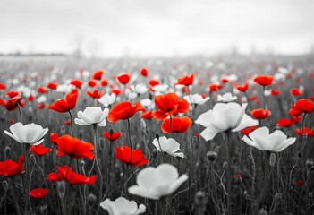 Ghostly black and white poppy field overlaid with vibrant red blossoms, wallpaper, design