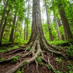 Lush forest with towering tree roots