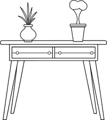 Console table with plants outline great for minimalist home designs and modern furniture illustrations