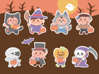 	ハロウィーンの仮装をした子供達の背景付イラストセット