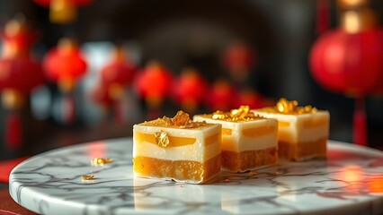 White fondue pot with golden cheese swirls, garnished with rosemary, Swiss flags waving in sunset breeze.