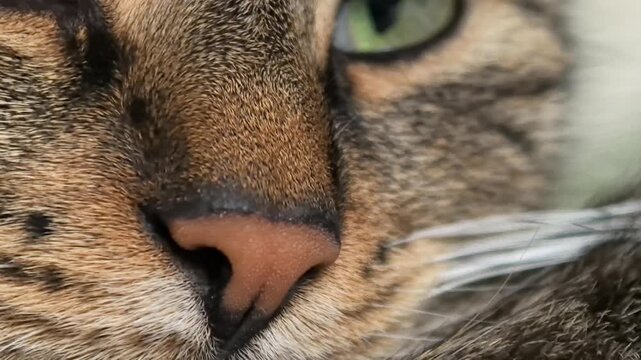 A close-up view reveals the delicate features of a cat, highlighting the intricate patterns of its fur and nose. This serene moment showcases the charm and beauty of feline life.