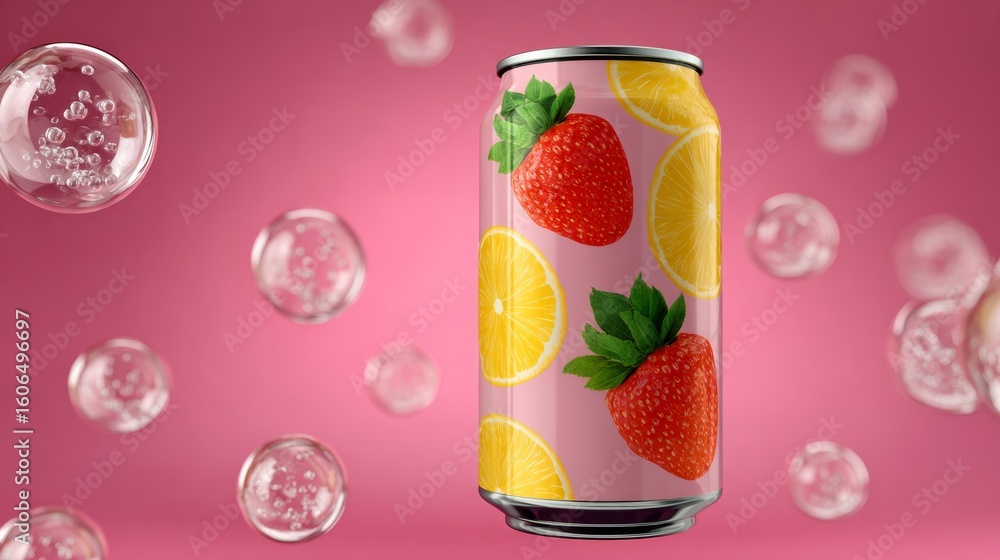 Poster can of soda with a strawberry and lemon design. the can is floating in the air with bubbles surround
